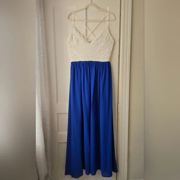 white christmas dresses Blue Crochet Top Maxi Dress With Slit And Criss Cross Back